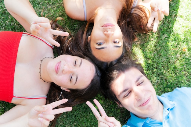 Groep jonge gelukkige mensenvrienden die in cirkel op groen gras in weide liggen en ontspannen