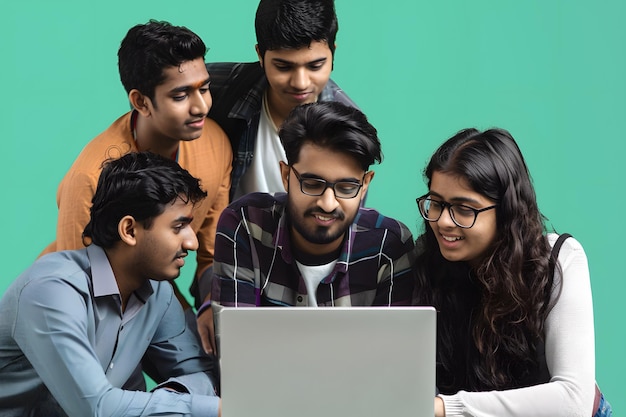 Groep jonge Indiase studenten die een laptop gebruiken en naar de camera glimlachen