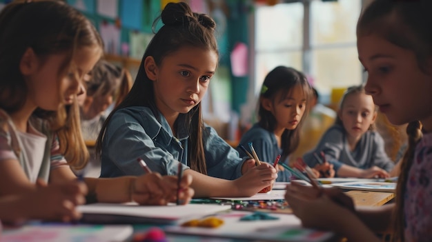 Groep jonge kinderen die aan een tafel zitten en zich bezighouden met een artistieke activiteit op Wereldkankerdag