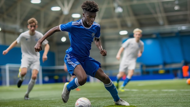 Groep jonge mannen die voetbal spelen