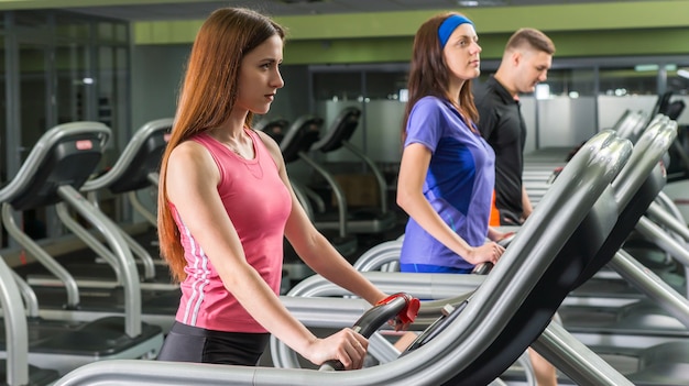 Groep jonge mensen ijverig uitoefenen op de loopband in het fitnesscentrum