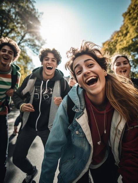 Foto groep jonge mensen lachen en lachen in het park