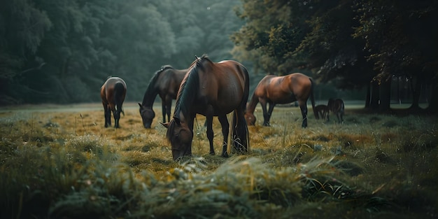 Groep jonge paarden die in een veld grazen Concept Dieren Natuur Paarden Grasveld