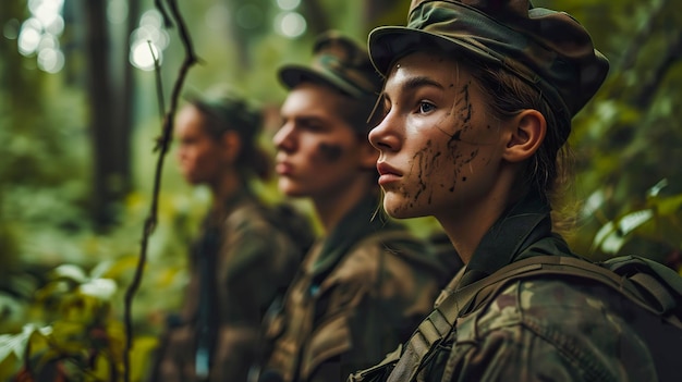 Groep jonge soldaten in militair uniform die in een bos staan