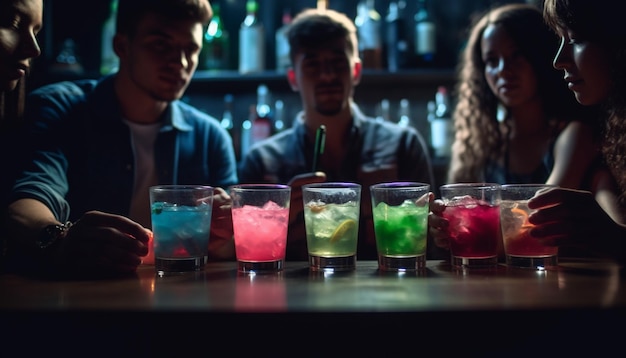 Foto groep jonge volwassenen die genieten van cocktails in de door ai gegenereerde nachtclubbar