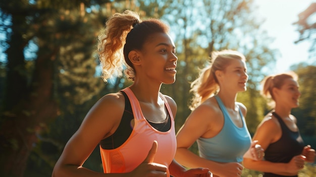 groep jonge vrienden die in het park joggen