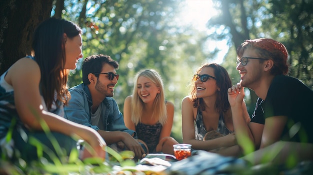 Groep jonge vrienden die lachen en genieten van een zonnige dag buiten