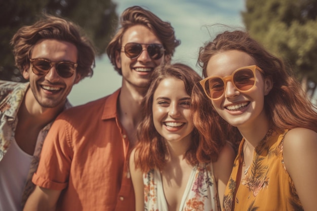 Groep jonge vrienden die vrolijk zomerkleding dragen