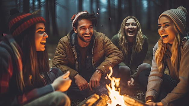Groep jonge vrienden lachen en verbinden zich rond een kampvuur die vriendschap en plezier belichaamt tijdens een kampavontuur in de wildernis