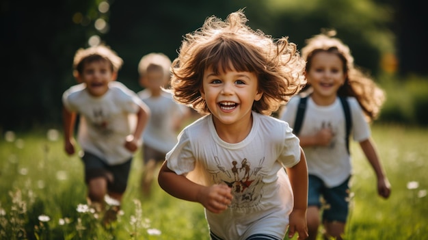 Groep jongens en meisjes Leuk meisje dat op het groene gras in het park loopt