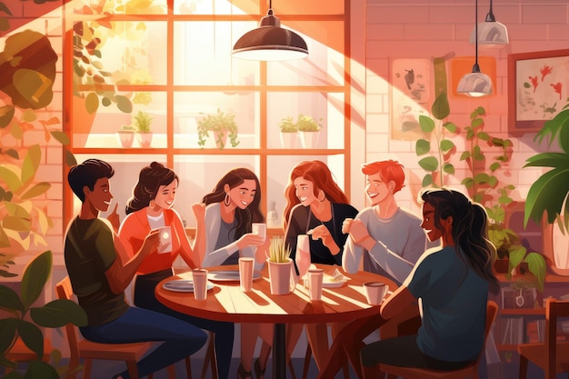 Groep jongeren die koffie drinken in een café Vector illustratie Diverse vrienden die dineren in een café AI gegenereerd