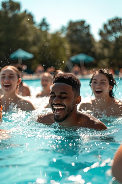 Groep jongeren die tijdens de zomervakantie in het zwembad van een hotel zwemmen