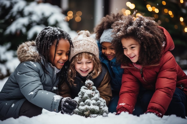 Groep kinderen bouwen een sneeuwpop in de achtertuin, allemaal in knusse truien