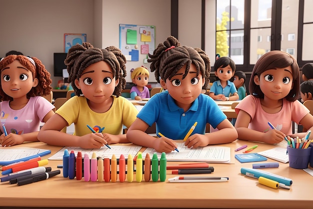 Groep kinderen die aan een tafel zitten met markers, potloden en gekleurd karton