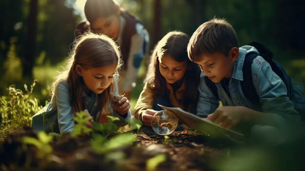 Groep kinderen die bij zonsondergang in het bos naar een kaart kijken