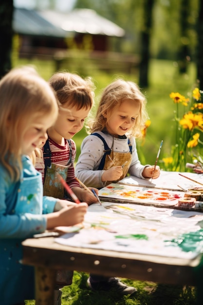 Groep kinderen die buiten schilderen op een zonnige dag
