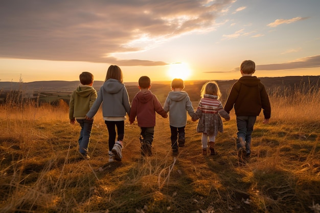 Groep kinderen die hand in hand in een landelijke weide lopen bij zonsondergang