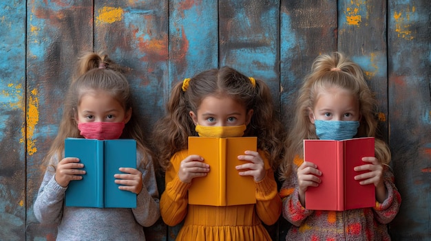 Foto groep kinderen die hun gezichten bedekken met boeken ai