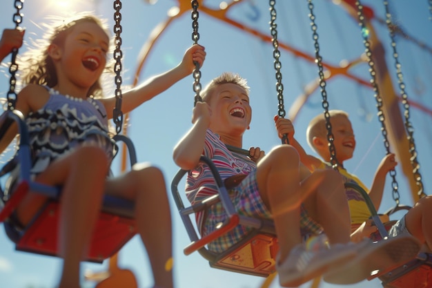 Groep kinderen die op een speeltuin spelen en lachen