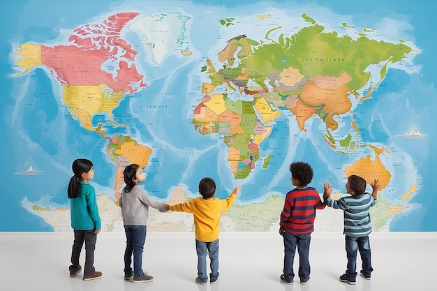 Groep kinderen die rond een wereldkaart staan