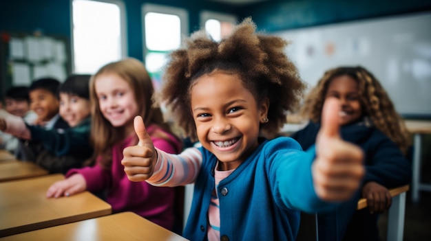 Groep kinderen in de klas met duimen omhoog, positief, gelukkig onderwijs