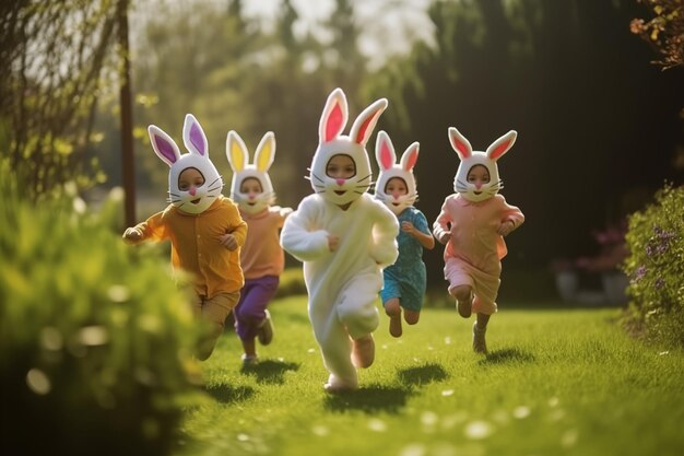 Groep kinderen in konijnenkostuums rennen om eieren op te halen.