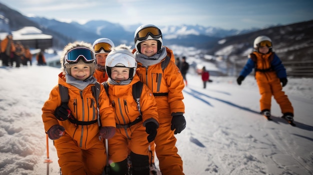 Groep kinderen in oranje uniform skiën in de bergen op een zonnige winterdag