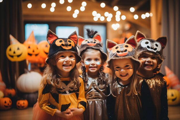 Foto groep kinderen in schattige kostuums klaar voor trick or treat