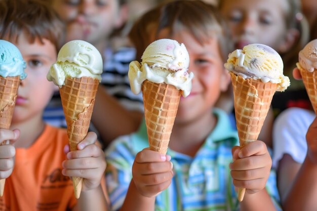 Foto groep kinderen met ijsjes, elk met een andere smaak.