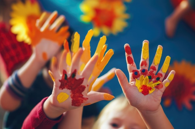 Groep kinderen met in verschillende kleuren geschilderde handen Kinderen maken handwerk met kalkoen voor Thanksgiving