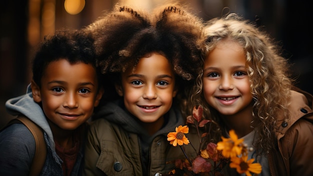 Groep kindervrienden arm rond zitten samen generatieve AI