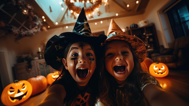 Groep kindmeisjes in heksenkostuums voor Halloween met pompoenlantaarn thuis