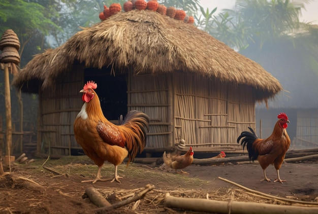 Groep kippen die voor een kleine rustieke hut met een rieten dak staan