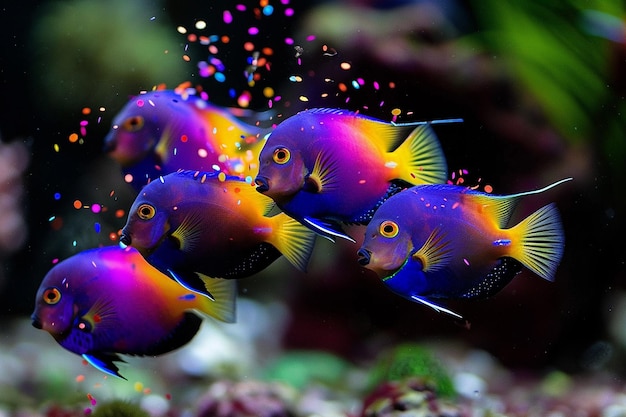 Foto groep kleurrijke anthiasvissen die als confetti in het water zweven