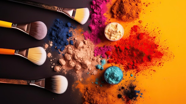 Groep kleurrijke make-upborstels en schoonheidspoeder op oranje achtergrond