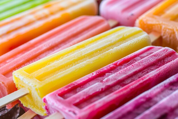 Groep kleurrijke popsicles op ijs close-up