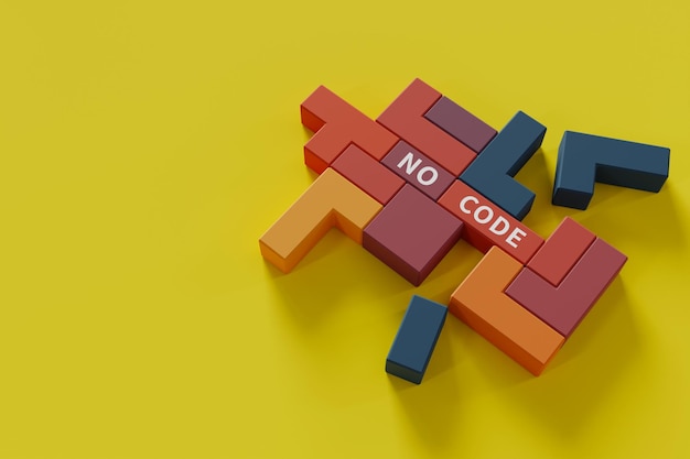 Foto groep kleurrijke puzzelkubussen die het woord geen code 3d-rendering vormen