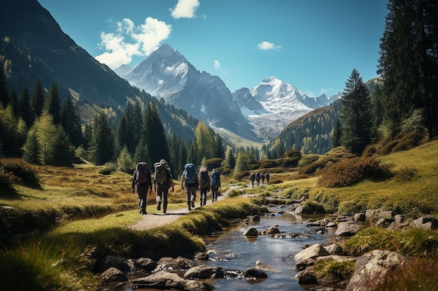 Groep klimmers die naar bergbeklimmen gaan met uitzicht op de rivier op de natuur op Bright Day