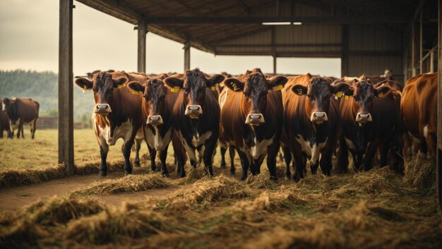 Groep koeien in een stal die hooi of voer op een melkveehouderij eten
