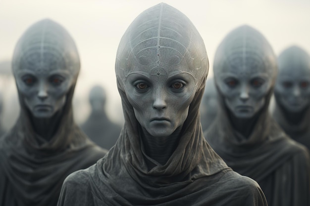 Foto groep koppige aliens ufo griezelige mensachtige kijkend naar de camera buitenshuis scifi-illustratie