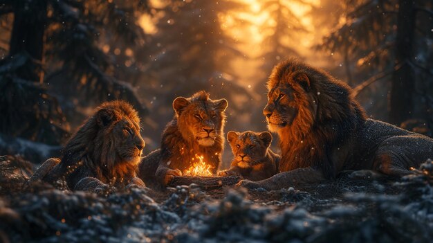 Foto groep leeuwen's nachts in het bos met een open haard
