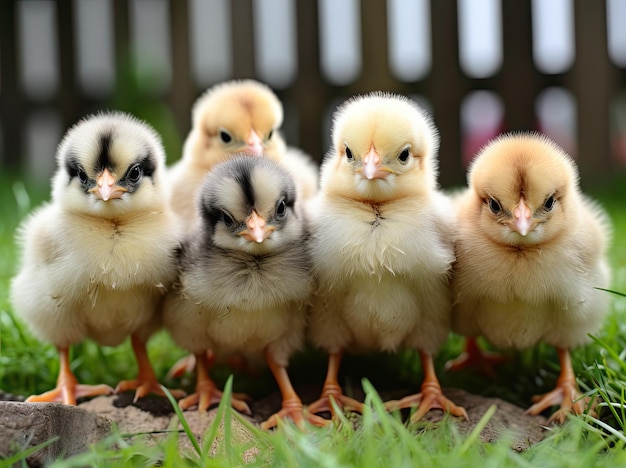 Foto groep leuke kuikens in een tuinfoto