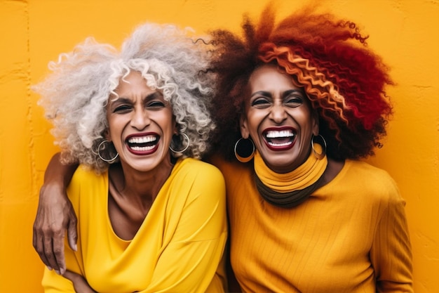 Foto groep levensstijl lachen amerikaanse plezier gele vrienden jonge gelukkige vrouwen afrikaanse generatieve ai