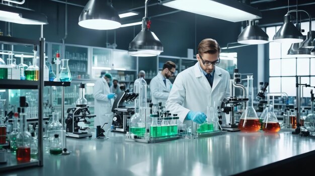 Groep mannen in laboratoriumjassen die experimenten uitvoeren in het laboratorium