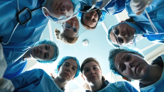 Foto groep medische professionals in scrubpakken die tijdens de ingreep naar de camera in de operatiekamer kijken