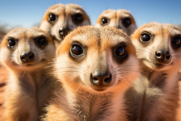 Foto groep meerkatten die rechtop staan en aandachtig kijken