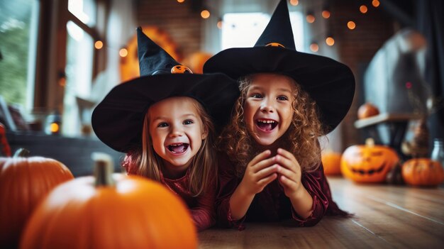 Groep meisjes in heksenkostuums voor Halloween met een pompoenlantaarn thuis