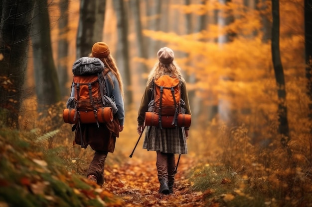 Groep meisjes wandelen reizen wandelen met rugzakken in het herfstbos extreme close-up generatieve AI