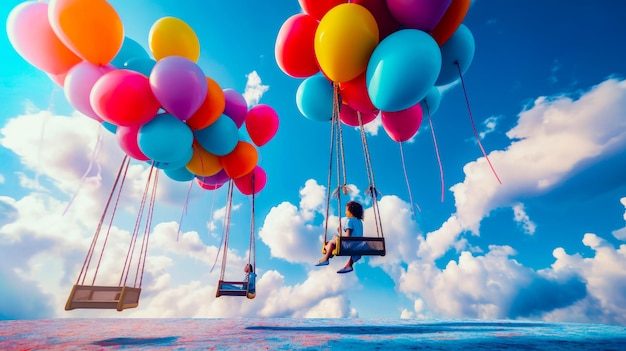 Groep mensen die door de lucht vliegen terwijl ze aan ballonnen vasthouden Generatieve AI