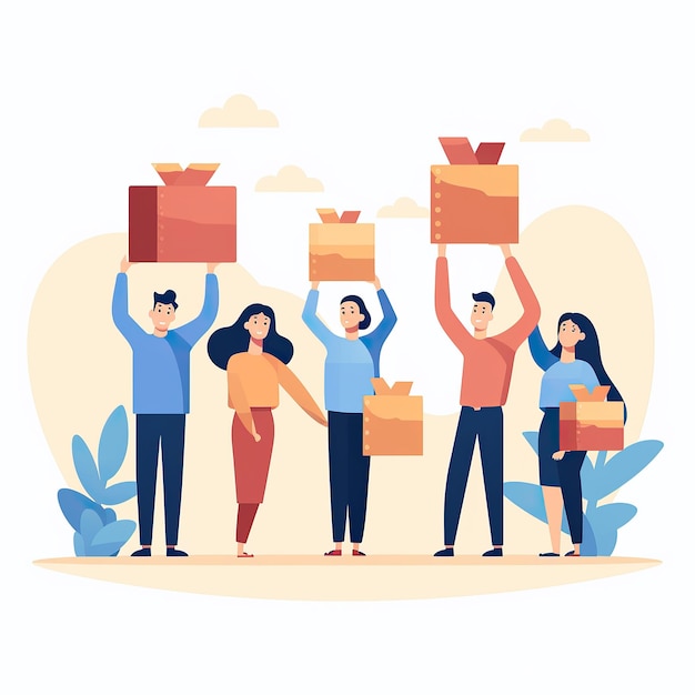 Groep mensen die dozen met geschenken dragen Vlakke vectorillustratie